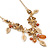 Beige Enamel Flower, Leaves, Bead Necklace In Gold Tone Metal - 38cm L/ 6cm Ext - view 3
