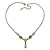 Vintage Inspired Green, Olive Enamel, Crystal Floral Y- Shape Necklace In Pewter Tone - 36cm L/ 4cm Ext - view 2