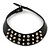 Black Leather Crystal, Spike Choker Necklace In Silver Tone - 34cm L