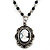 Victorian Style Oval Black Cameo Pendant With Beaded Chain In Pewter Tone - 37cm L
