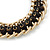 Statement Woven Black Silk Cord with Black Crystals, Matt Gold Chunky Chain Choker Necklace - 35cm L/ 8cm Ext - view 3