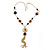 Long Tassel with Black and Brown Resin Bead Necklace In Gold Tone Metal -  60cm L/ 15cm Tassel - view 10