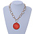 Salmon Red Glass Medallion Pendant with Hammered Chunky Chain In Gold Tone - 43cm L/ 7cm Ext - view 2