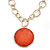 Salmon Red Glass Medallion Pendant with Hammered Chunky Chain In Gold Tone - 43cm L/ 7cm Ext - view 6