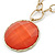 Salmon Red Glass Medallion Pendant with Hammered Chunky Chain In Gold Tone - 43cm L/ 7cm Ext - view 3