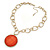 Salmon Red Glass Medallion Pendant with Hammered Chunky Chain In Gold Tone - 43cm L/ 7cm Ext - view 8