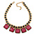 Statement Square Raspberry Pink Glass Station, Black Glass Bead With Gold Tone Chunky Chain Necklace - 44cm L/ 9cm Ext