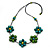 Green/ Teal Wood Bead Floral Black Cotton Cord Necklace - 80cm L