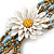 Light Blue/ Gold Glass Bead with White Leather Flower Black Sued Cord Multistrand Necklace - 90cm L - view 3