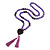 Long Purple Glass Bead with Heart Pendant/ Silk Tassel Necklace - 84cm L/ 11cm Tassel