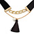Black Velour Cord Gold Tone Chain with Tassel Choker Necklace - 33cm L/ 4cm Ext - view 3