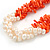 Statement 3 Strand Twisted Orange Coral and Cream Freshwater Pearl Necklace with Silver Tone Spring Ring Clasp - 44cm L - view 3