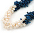 Statement 3 Strand Twisted Inky Blue Coral and Cream Freshwater Pearl Necklace with Silver Tone Spring Ring Clasp - 44cm L - view 3