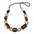 Bronze Brown Wood Bead with Oval Brass Link Black Faux Leather Cord Long Necklace - 90cm L