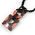 Pink/ Brown Wood Square Pendant with Braided Black Glass Bead Cord - 46cm L/ 9cm Pendant - view 4