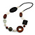 Geometric Wood, Glass, Shell Bead Necklace with Black Faux Leather Cord (Brown/ Black/ White) - 76cm Long