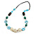 Blue Shell Flower, Teal Wood Bead and White Resin Ball Black Cord Necklace - 80cm L - view 1