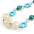 Blue Shell Flower, Teal Wood Bead and White Resin Ball Black Cord Necklace - 80cm L - view 3