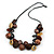 Chunky Wood, Ceramic Bead Cluster Black Cotton Cord Necklace (Brown/ Yellow) - 66cm L
