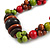 Deep Pink, Brown, Bright Green Wood Bead Necklace - 76cm L - view 3