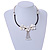 White Shell Flower Metal Wire with Black/ Off White Cotton Cord Necklace - 44cm L/ 5cm Ext - view 2