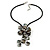 Dark Grey Shell Flower Pendant with Black Faux Leather Cord Necklace - 44cm/ 4cm Ext/ 12cm Front Drop - view 2