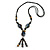 Long Blue, Black, Natural Brown Ceramic Bead Tassel Black Silk Cord Necklace - 66cm to 80cm Long (Adjustable)