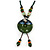 Handmade Green, Blue, Black Ceramic Bead Tassel Green Silk Cord Necklace - 80cm Long/ 9cm Tassel
