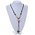 Long Beige/ Light Blue Ceramic Bead Tassel Necklace with Brown Cotton Cord - 80cm L/ 10cm Tassel - view 2