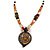 Romantic Floral Glass Pendant with Beaded Chain Necklace (Olive Green/ Black/ Orange) - 44cm L