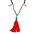 Trendy Turquoise, Sea Shell, Faux Tree Seed, Glass Bead Red Cotton Tassel Long Necklace - 90cm L/ 12cm Tassel - view 3