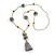 Light Grey Pom Pom, Tassel, Transparent Glass Bead Long Necklace - 88cm L/ 10cm Tassel - view 3