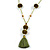 Olive Green Glass Bead, Pom Pom, Tassel Long Necklace - 88cm L/ 10cm Tassel - view 3
