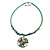 Green Glass Bead Wire Necklace with Shell & Mother of Pearl Medallion In Silver Tone - 50cm L/ 5cm Ext