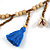 Long Natural Wood, Bronze Glass Bead with Blue Cotton Tassel Necklace - 100cm L - view 5