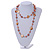 Long Glass and Shell Bead with Silver Tone Metal Wire Element Necklace In Peach Orange - 120cm - view 2