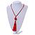 Red Glass Bead Cotton Tassel Necklace - 72cm L/ 14cm Tassel - view 2