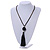 Black Glass Bead Cotton Tassel Necklace - 72cm L/ 14cm Tassel - view 2
