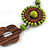 Brown/ Lime Green Wood Floral Motif Black Cord Necklace - 60cm L/ Adjustable - view 4
