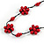 Stunning Red Wood Flower Black Cotton Cord Long Necklace - 90cm L - view 2