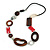 Geometric Wood and Acrylic Bead Black Faux Leather Cord Necklace (Brown, White, Red) - 68cm L