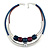 2 Strand Stylish Resin Bead With Metal Bars Rubber Cord Necklace (Blue/ Aubergine) - 50cm L/ 7cm Ext