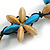 Light Blue/ Teal/ Natural Wood Flower Black Cotton Cord Necklace - 68cm Long - view 6