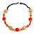 Orange/ Natural/ White Wood Bead Black Cord Necklace - 50cm Long - view 3