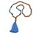 Glass Nugget, Brown/ Black Seed Beaded Necklace with Buddha Lucky Charm/ Cornflower Blue Silk Tassel Pendant - 86cm L/ 13cm Tassel