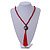 Long Red Wood Bead Cotton Tassel Necklace - 90cm L/ 15cm Tassel - view 2