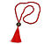 Long Red Wood Bead Cotton Tassel Necklace - 90cm L/ 15cm Tassel