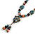 Blue/ Pink Oval/ Round Ceramic Bead Flower Tassel Necklace with Brown Silk Cord/ 70-80cmL/ Adjustable - view 4