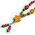 Multicoloured Oval/ Round Ceramic Bead Flower Tassel Necklace with Brown Silk Cord/ 70-80cmL/ Adjustable - view 4