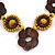 Brown/ Yellow Wood Floral Motif Black Cord Necklace - Adjustable - view 4